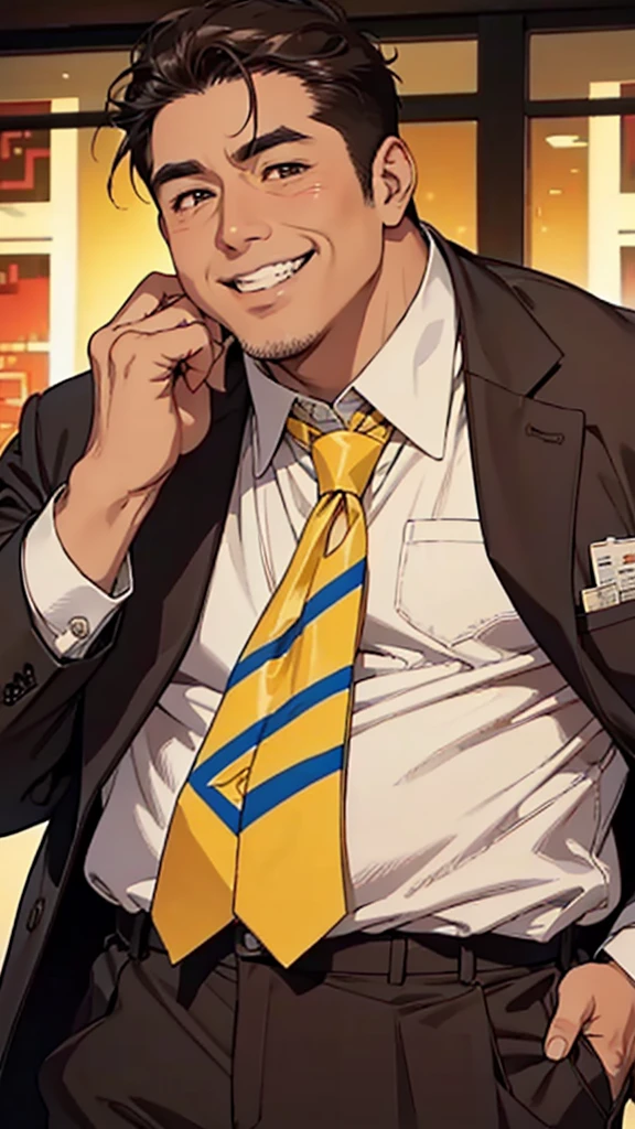 Asian face, male, 50 years old man, fat man, big belly, brown suit, yellow and brown striped tie, white shirt, expensive watch, short hair, rough skin, grinning