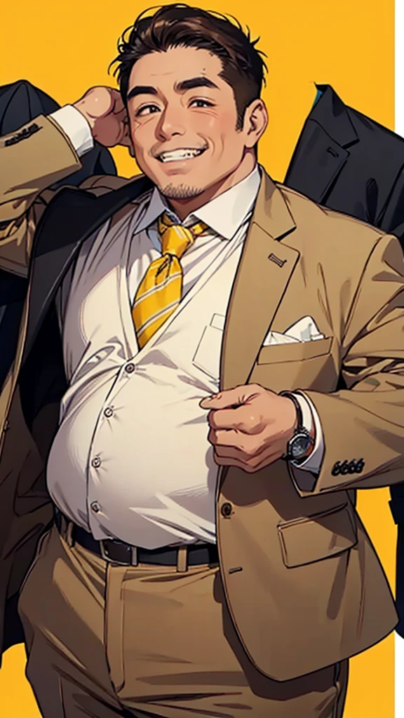 Asian face, male, 50 years old man, fat man, big belly, brown suit, yellow and brown striped tie, white shirt, expensive watch, short hair, rough skin, grinning