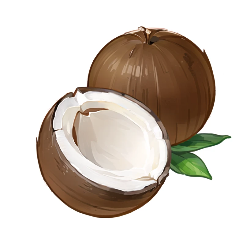 there is a cocococonut with a leaf on top of it, cocococonut, coconut, 一个coconut of, Brown:-2, High detail illustration, 在White background上, High-quality illustrations, made in illustrator, Simple illustration, High detail illustration, White background和填充, White background, Highly detailed illustrations, one example, Very detailed illustrations, Smooth Shadows