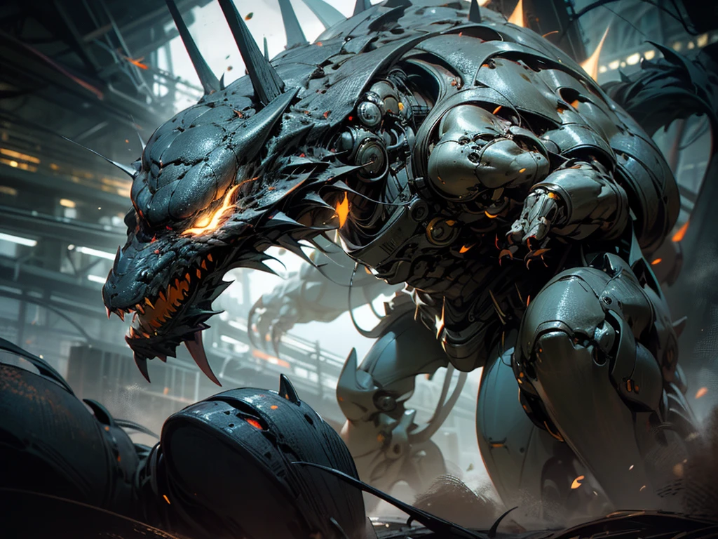 fantasy, sci-fi, dark fantasy, biomechanical monster, Tyrannosaurus, intricate details of mechanical parts, war machine monster, human rider on mechanical monster, immersive background of fantasy war of mechanical monsters, digital painting