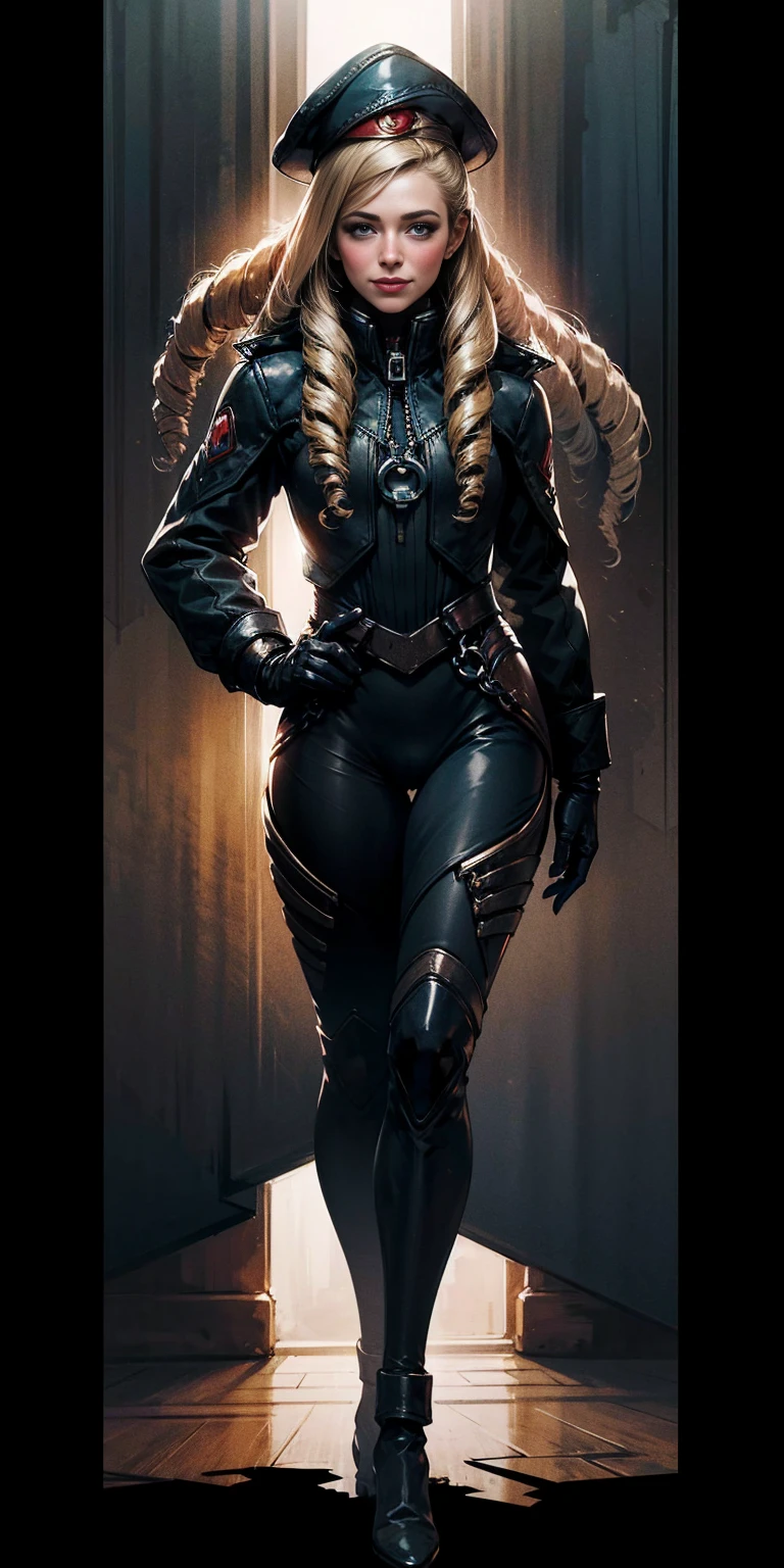 (4k, ultra high resolution, Prominence in Masterpiece, High Quality, Best Quality: 1.2) full body, 1 female, solo, 1girl, 1woman, lustful smirking smile blush, looking at viewer, sitting, blonde hair, long hair, (black jacket), beautiful and detailed face, detailed eyes, looking at the viewer (grey theme) close jacket (aesthetic clothing) hands on hips, wide hips, blonde long hair, blonde drill hair, blonde twin drills hair, blue wizard hat, Handcuffs on their hands, With a collar around the neck