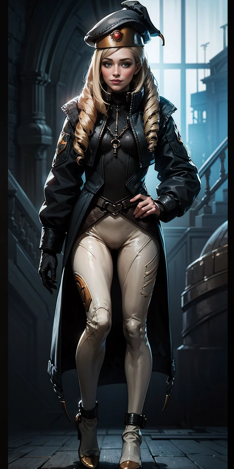(4k, ultra high resolution, Prominence in Masterpiece, High Quality, Best Quality: 1.2) full body, 1 female, solo, 1girl, 1woman, lustful smirking smile blush, looking at viewer, sitting, blonde hair, long hair, (black jacket), beautiful and detailed face, detailed eyes, looking at the viewer (grey theme) close jacket (aesthetic clothing) hands on hips, wide hips, blonde long hair, blonde drill hair, blonde twin drills hair, blue wizard hat, Handcuffs on their hands, With a collar around the neck