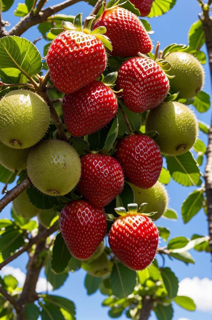 Strawberry kiwi red fruits on a tree