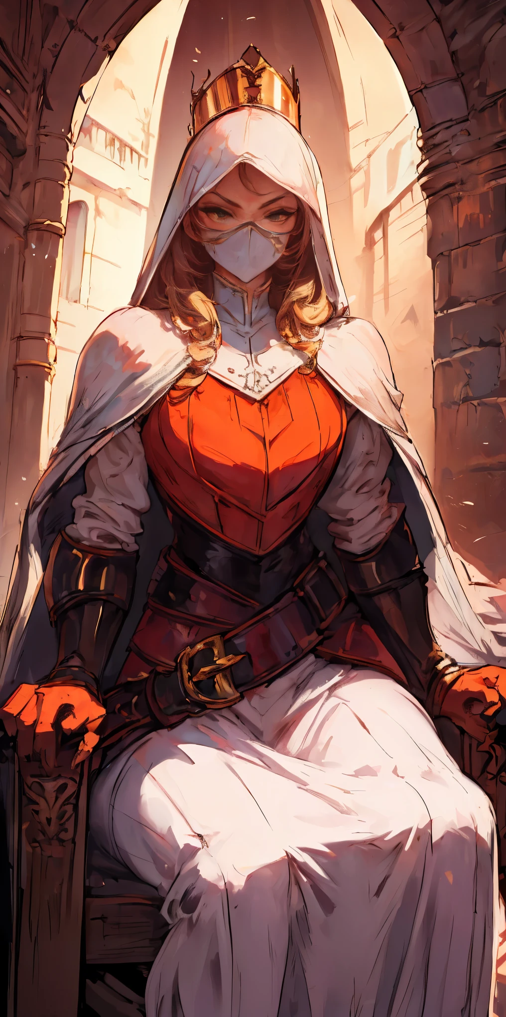 (masterpiece, best quality, absurdness, 4k, aesthetic, detailed, intricate, perfect lighting) cinematic angle, 1sologirl, sitting on throne, elbow rest, castle interior, mask, hood, cape, belt, armor, cloak, red gloves gauntlets, bkcrown