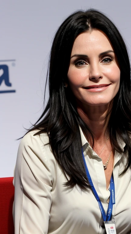 Courteney Cox dressed in friendly clothes at a conference and smiling