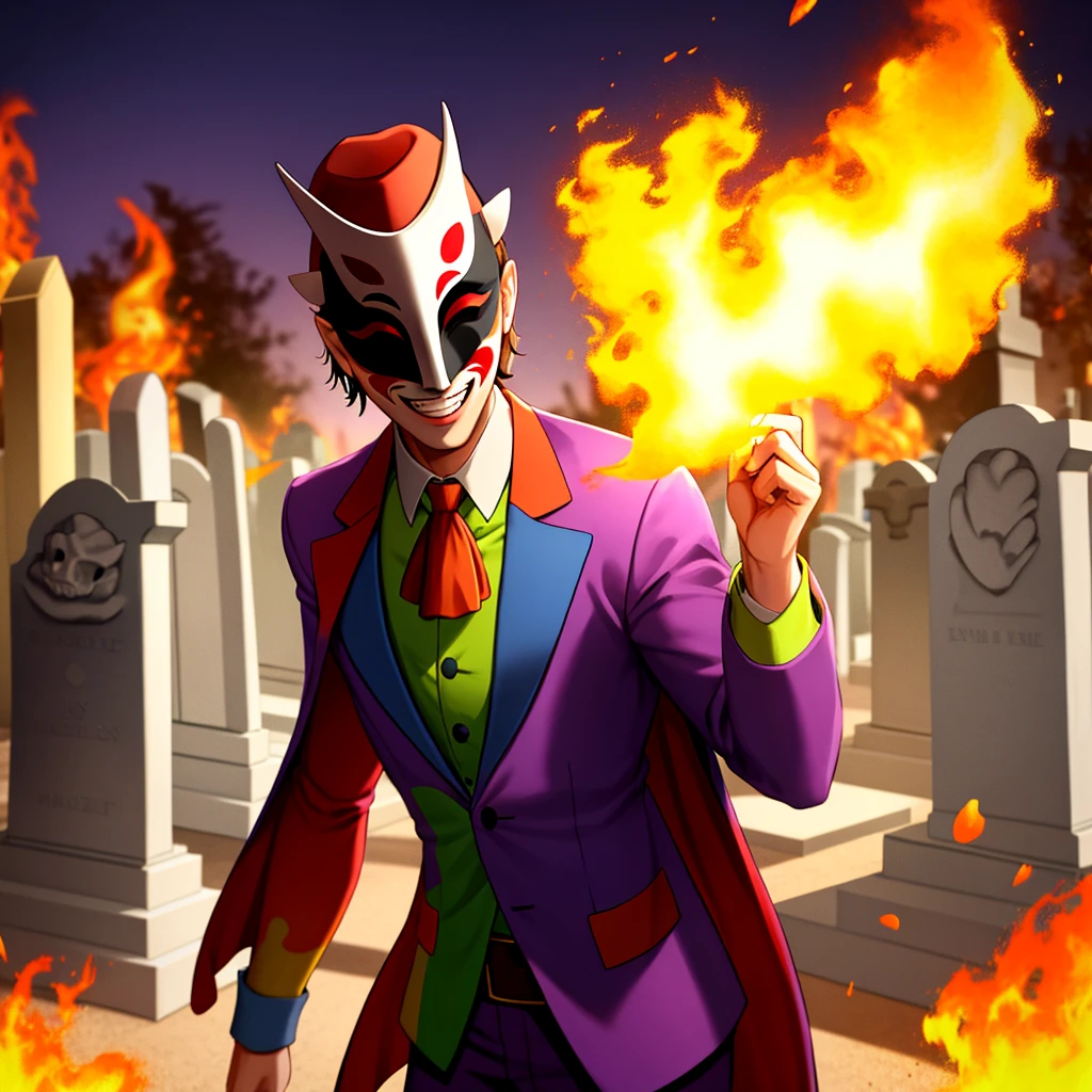 man +dressing as a jester + wearing an opera mask half happy and half sad + wearing a circus host hat + wearing a serape + smiling vilely at the viewer + green fire around + a cemetery in the background