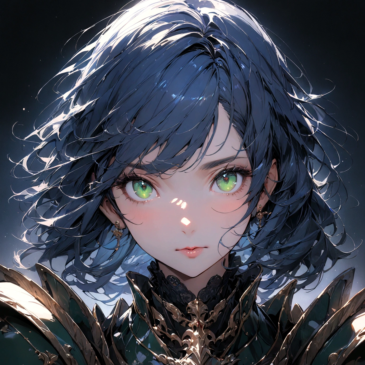 ((masterpiece:1.2, best quality)), (close-up:1.2), (head-shot:1.36), (from front, facing front:1.2), ultra detailed, Ultra-precise depiction, Ultra-detailed depiction, dramatic lighting, 1girl, solo, mature girl, blue hair, shiny green eyes, flat expression, knight armor