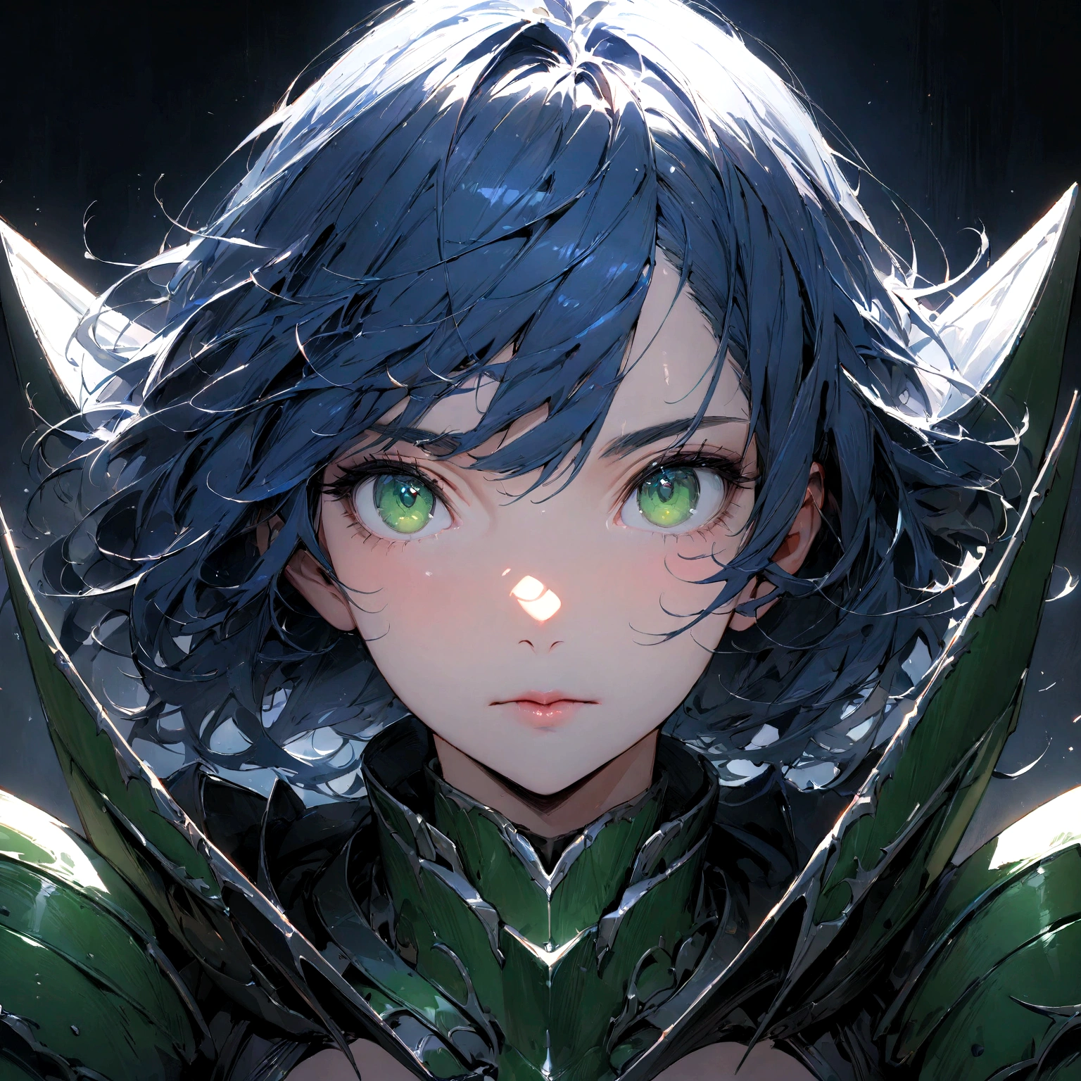 ((masterpiece:1.2, best quality)), (close-up:1.2), (head-shot:1.36), (from front, facing front:1.2), ultra detailed, Ultra-precise depiction, Ultra-detailed depiction, dramatic lighting, 1girl, solo, mature girl, blue hair, shiny green eyes, flat expression, knight armor
