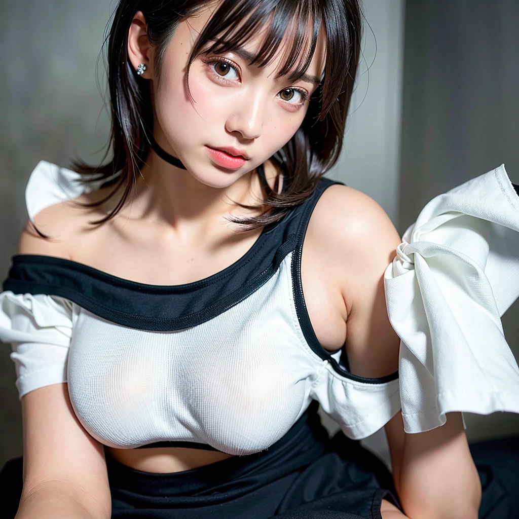 best quality, ultra high res, (photorealistic:1.4), 1girl, off-shoulder white shirt, black tight skirt, black choker, (faded ash gray hair:1), (huge breasts:1.2), looking at viewer, closeup ,