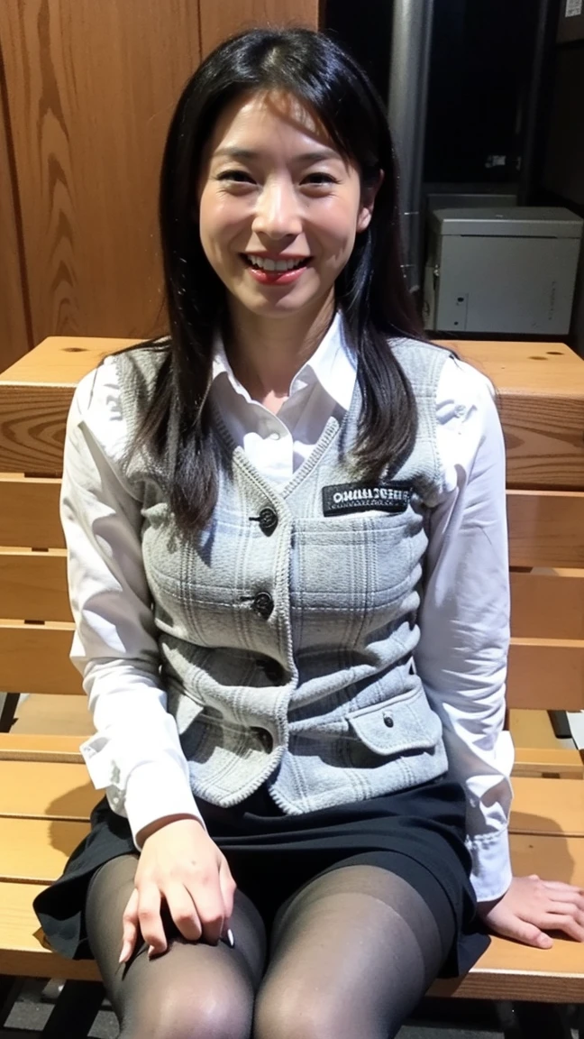 Uruchan-6500-v1.1, (RAW Photos:1.2), (Photorealistic), (Genuine:1.4), １girl、Perfect Anatomy、28 years old、Looking at the camera、Medium Long Hair、Plaid vest、mini skirt((Sitting on a bench:1.3))、(Ultra-realistic pantyhose:1.2), (High heels)、(Business services)、(A very loving smile:1.2)、