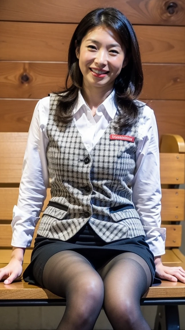 Uruchan-6500-v1.1, (RAW Photos:1.2), (Photorealistic), (Genuine:1.4), 1girl、Perfect Anatomy、28 years old、Looking at the camera、Medium Long Hair、Plaid vest、mini skirt((Sitting on a bench:1.3))、(Ultra-realistic pantyhose:1.2), (High heels)、(Business services)、(A very loving smile:1.2)、