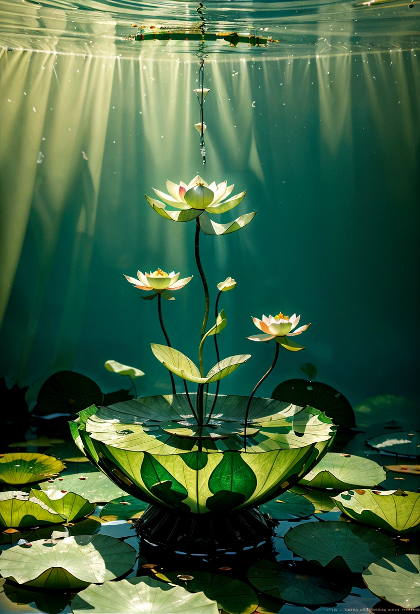 Scene translucent inflatable, Glass lotus leaves and lotus flowers, Water wave spots, Colorful, Fantastic, Surreal details, Vivid color presentation, scattered light, Charming atmosphere, Clean background, High resolution, rate, Zoom in on the lotus leaf details, Surreal Photography