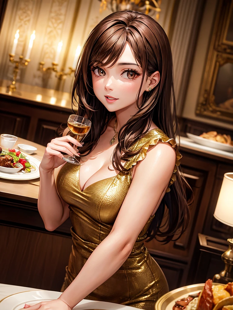 an adult woman, hip length brown hair, Brown eyes, in an expensive dinner setting, short gold dress with diamonds