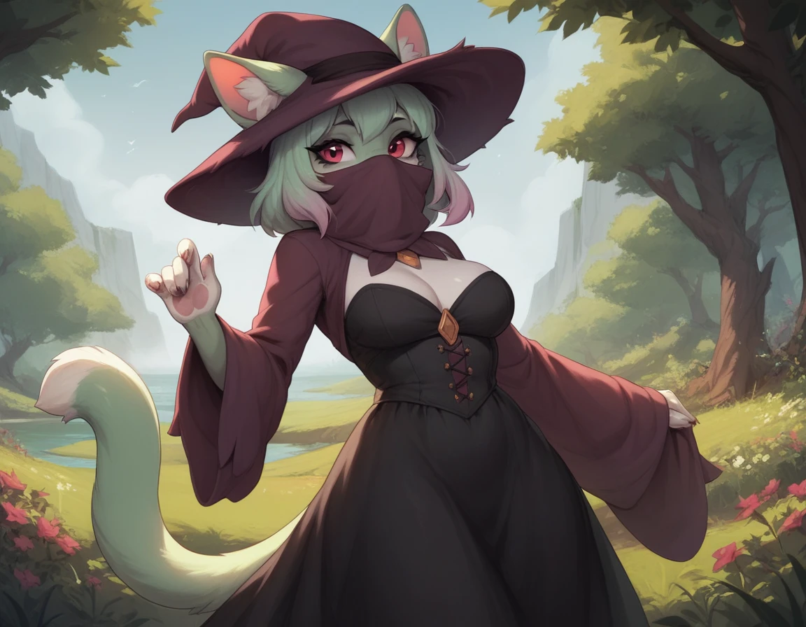 , score_9,score_8_up,score_7_up, Katress, female, Anthro feline, hat, covered mouth, dress, outdoors