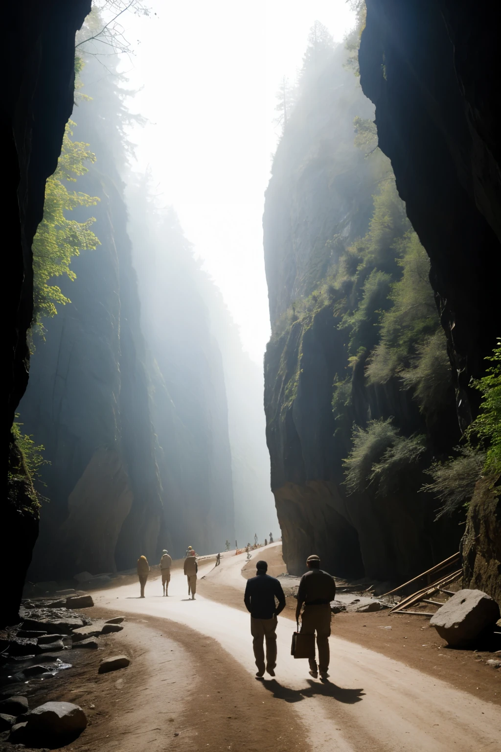 Describe the following myth to me in an image: Plato: Myth of the Cave --Now, keep on going, imagine our nature, as far as science is concerned, now the ignorance, through the following scene. Imagine some men in an underground cavern-like room with a large opening on the light side.. They have been there since childhood., held by chains that immobilize their legs and neck, in such a way that they can neither change their place nor turn their heads, and they see nothing but what is in front of them. The light comes to them from a fire lit some distance behind them on an eminence of land.. Between that fire and the prisoners, there is a high road, along which you must imagine a small wall similar to the barriers that illusionists build between themselves and the spectators and above which they show their prodigies. --I can see that, said.
--Think now that along this wall some men carry objects of all kinds, figures of men and animals made of wood or stone, v in a thousand different ways, so that they appear above the wall. And naturally among the men who pass, some speak and others say nothing.
-This is a strange scene and some strange prisoners., said. --They look like us, to answer. And above all, Do you think that in this situation they will see anything else about themselves and those around them other than some shadows projected by the light of the fire on the bottom of the cave in front of them?.
--No, since they are forced to keep their heads still all their lives.
-And doesn't the same thing happen with the objects that pass behind them??
--Definitely.
--And if these men could talk to each other, Don't you think they would believe that they would name the things themselves by naming the shadows they see passing by??
--Necessarily.
--And if there were an echo that returned the sounds from the bottom of the prison, every time one of those passing by spoke, Would you not believe that you hear the shadow itself speaking that passes by?