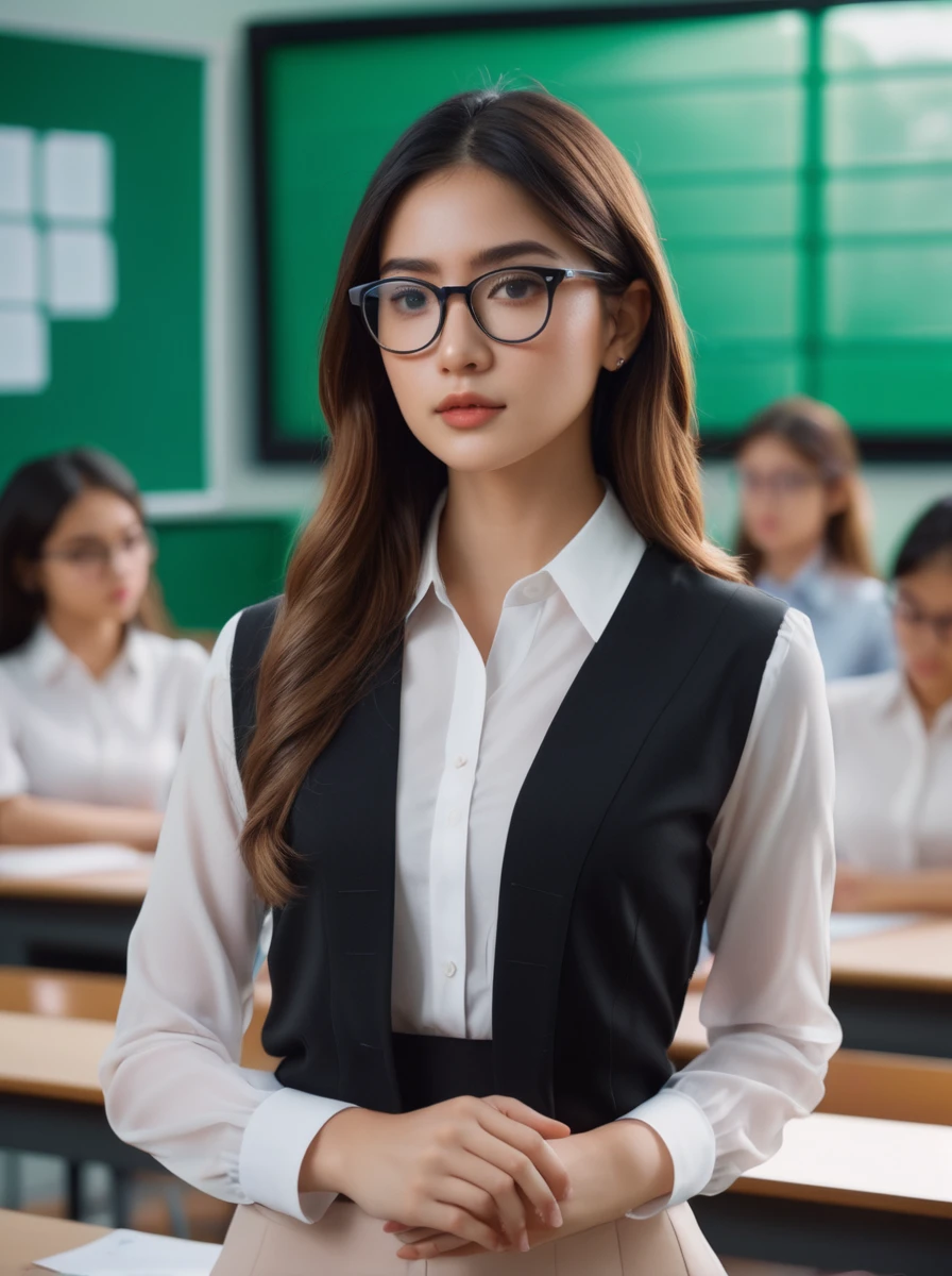 Cinematic photo (hyperreal:0.5),realisitic,highy detailed, estilo proffesional, greenery background,
1 girl,transparent tight shirt,skirt suit,black frame_glasses,classroom lecture,
Damimi,face_focusing,. 35mm photography, film, bokeh, proffesional, 4K, highy detailed