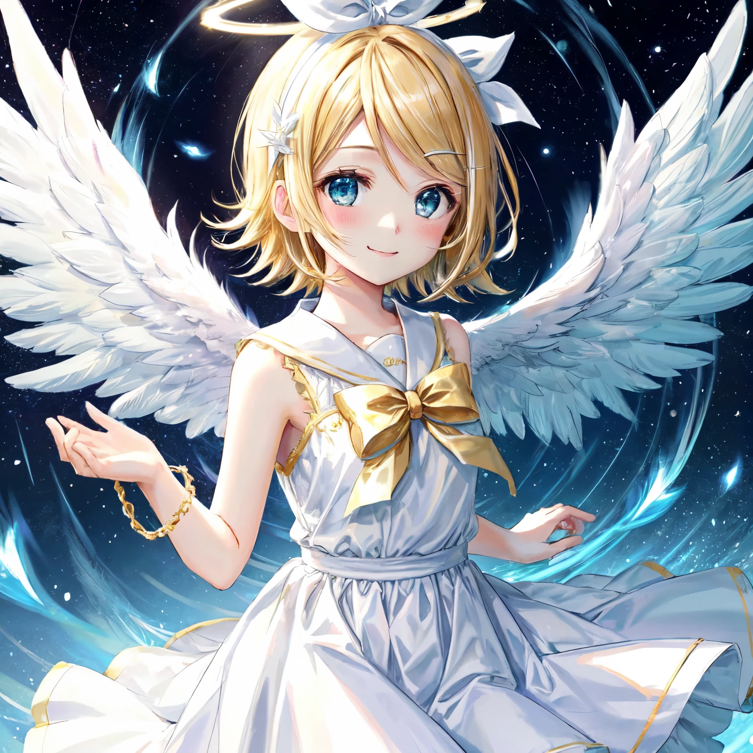 kagamine rin、Big angel wings、Angel Halo、smile、Look here、Wearing a light white dress