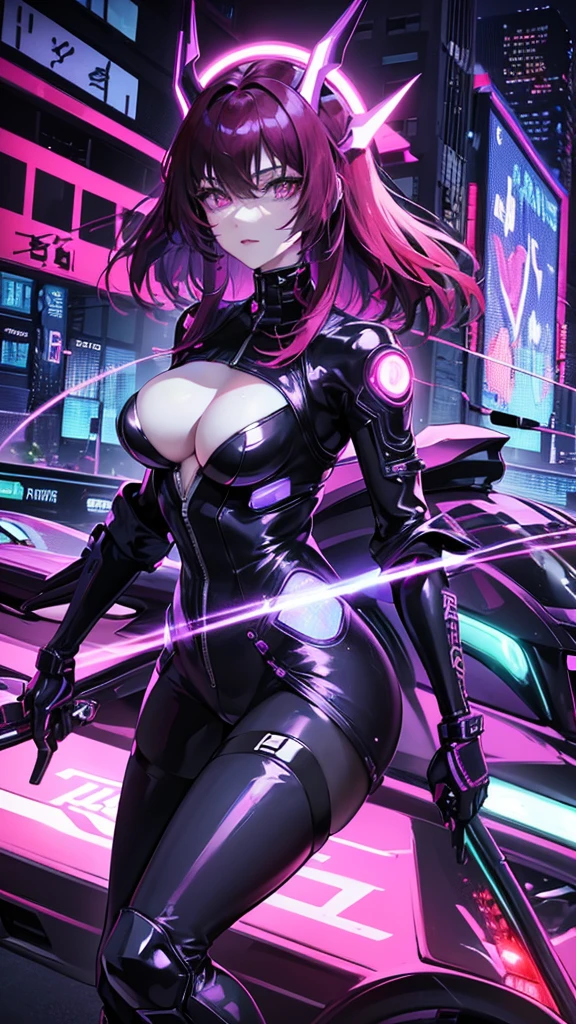 It transports me to a cyberpunk world full of mystery and futurism. I imagine this anime girl on her cyberpunk motorcycle, surrounded by neon lights in a night city. His purple and black suit, The shiny chains and her red hair create an intriguing image. The motorcycle, with its shiny surface and cat-shaped helmet, adds a touch of enigma. It&#39;s like she&#39;s ready for an exciting nighttime adventure!! .
