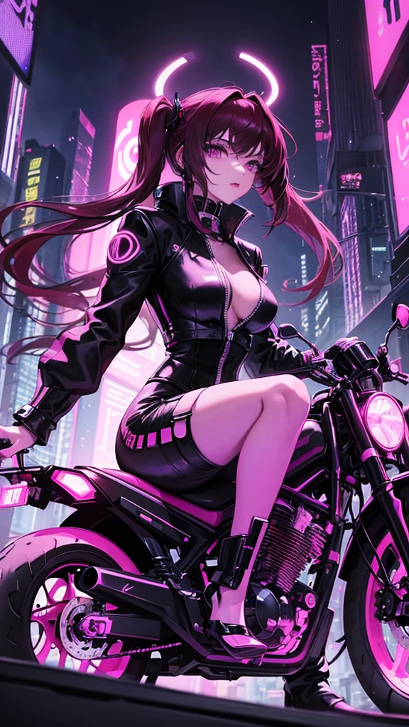It transports me to a cyberpunk world full of mystery and futurism. I imagine this anime girl on her cyberpunk motorcycle, surrounded by neon lights in a night city. His purple and black suit, The shiny chains and her red hair create an intriguing image. The motorcycle, with its shiny surface and cat-shaped helmet, adds a touch of enigma. It's like she's ready for an exciting nighttime adventure!! .
