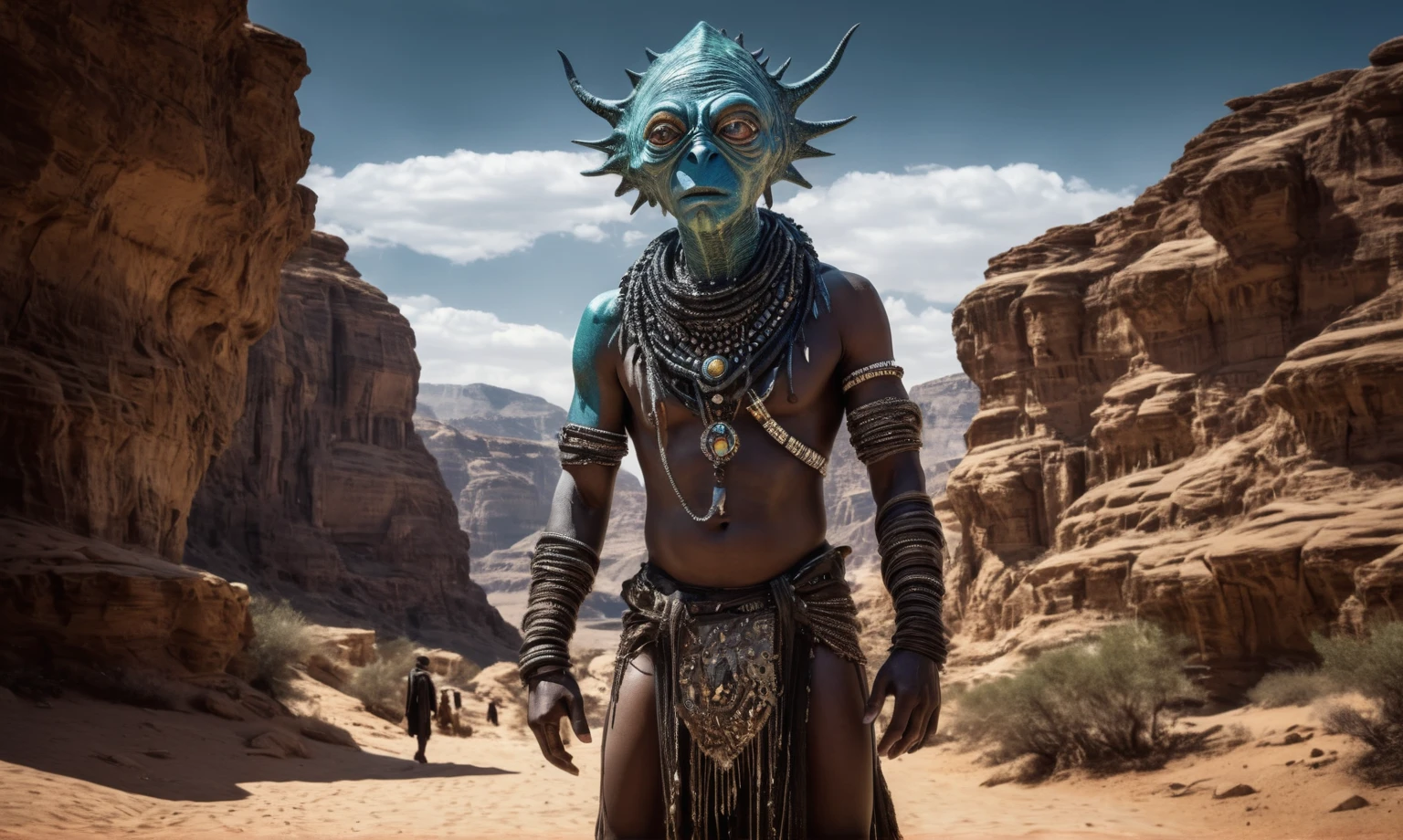 Echoes , high quality photo of a mistic shaman cyberpunk in a Dune's scene, portrait of a futuristic shaman voodoo master cyborg,