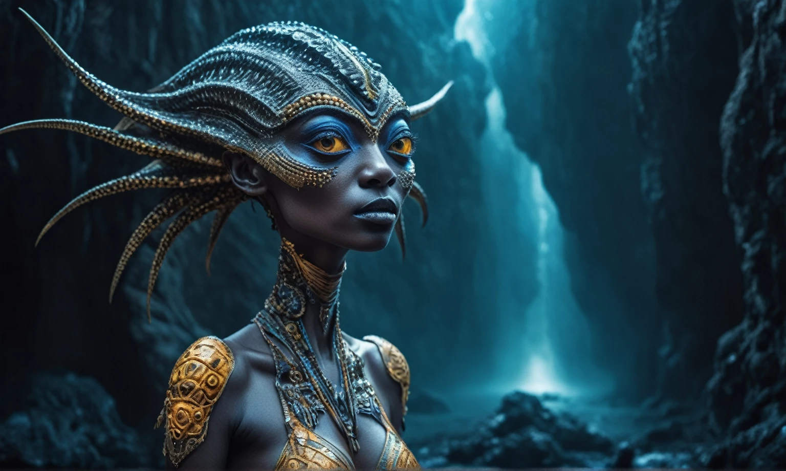 full body length shot,nerd graphite  Alien Entity,native africa slave ,nowadays azctec central city,Cinematic,soft colors, Technicolor,natural skin textures, hyper realism, hyper detailed,Extremely detailed,High contrast,Masterpiece,Realistic,Ultra Detailed, intricate details,realistic humid leather,extremely intricate details,Epic Realistic, cinematic style, irina yermolova,high contrast,hdr,extremely detailed, [deep night landscape],masterpiece, intricate details, eyes extremely detailed, high detailed eyes,8k resolution,retina, Nikon Z9,Korea,orc,Egypt, Pisces, transition between two art styles, Double contact, X-ray, Creative, vivid light, fantasy, Abstract, Surrealism, super detailed, high resolution,insanity wear,skin  almost translucent,  symbols of mourning and gothic elements, further emphasizing its dark air,Mestichino,Light particles,chaos,starfish's leather,Raja Ampat of Indonesia
