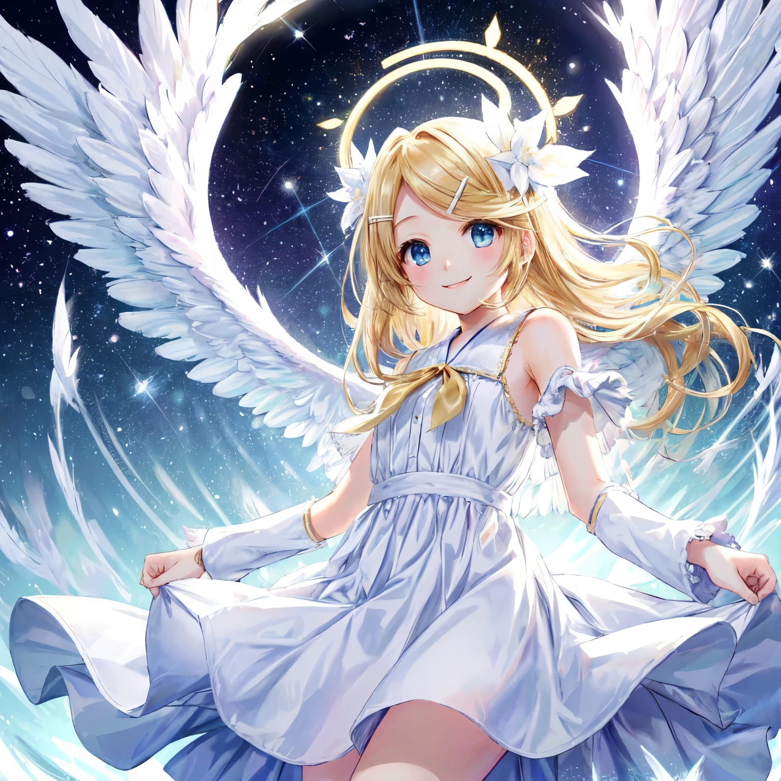 kagamine rin、Big angel wings、Angel Halo、smile、Look here、Wearing a light white dress