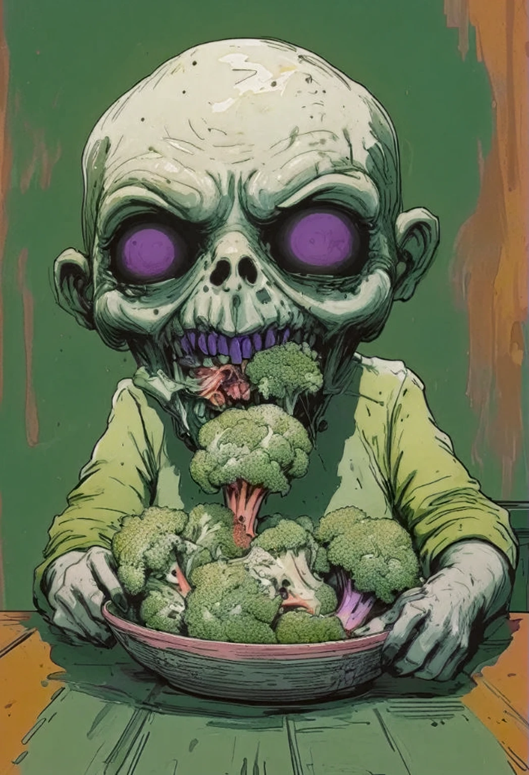 animated tv show, ghoul Skeffington, eating broccoli, insatiable, minimal, hand drawn ink figure, VHS, glitch, distorted, nostalgia, 90's retro vibes, analog tape, vcr aesthetics, tv, television, hand drawn, (full roygbiv color) ink charcoal expressive illustration, no light source, darkness, light mask uv rays across face,