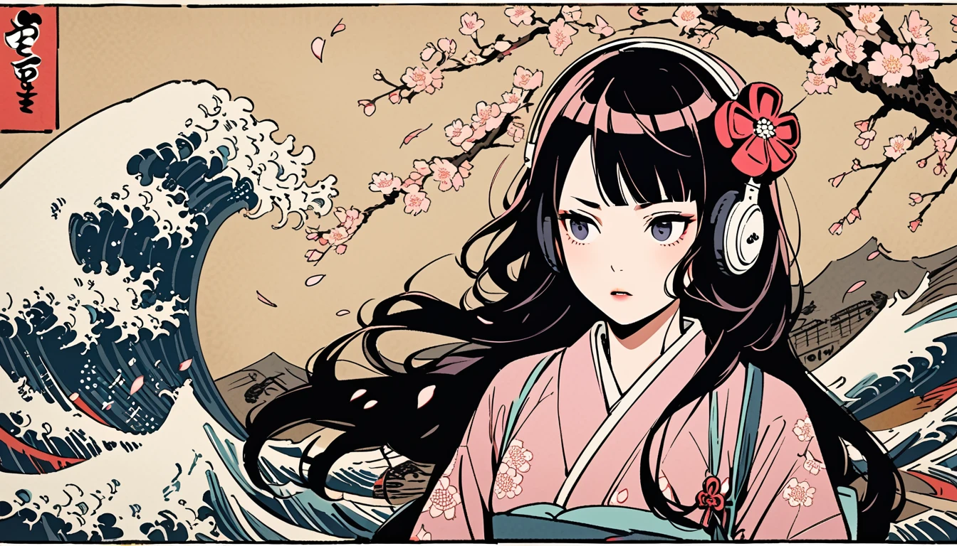 Highest quality, Katsushika Hokusai, Ink Painting, (((very straight longhair))), (((cherry blossoms))), (((Pale pink yukata))), headphone, beautiful girl, Black Hair, Delicate and precise, Modern ukiyo-e style, Horror elements