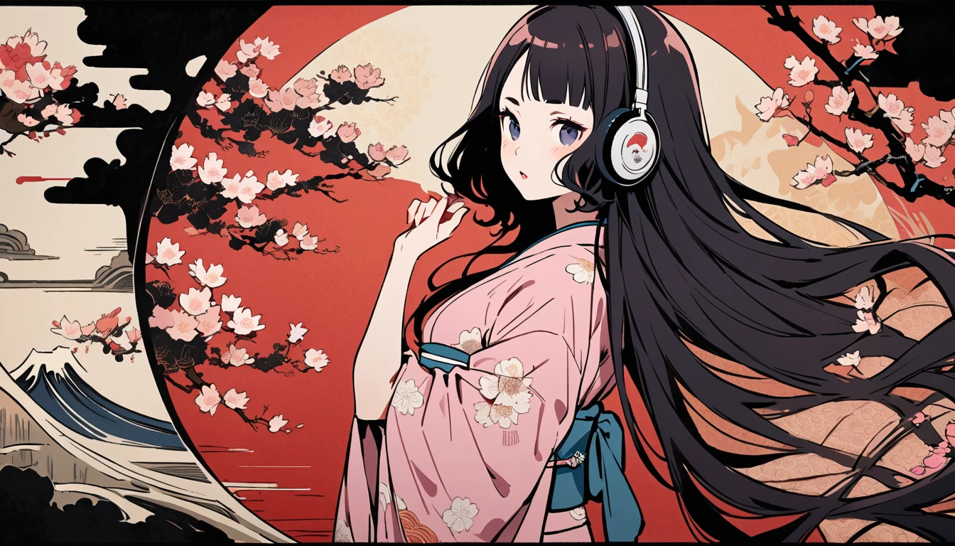 Highest quality, Katsushika Hokusai, Ink Painting, (((very straight longhair))), (((cherry blossoms))), (((Pale pink yukata))), headphone, beautiful girl, Black Hair, Delicate and precise, Modern ukiyo-e style, Horror elements