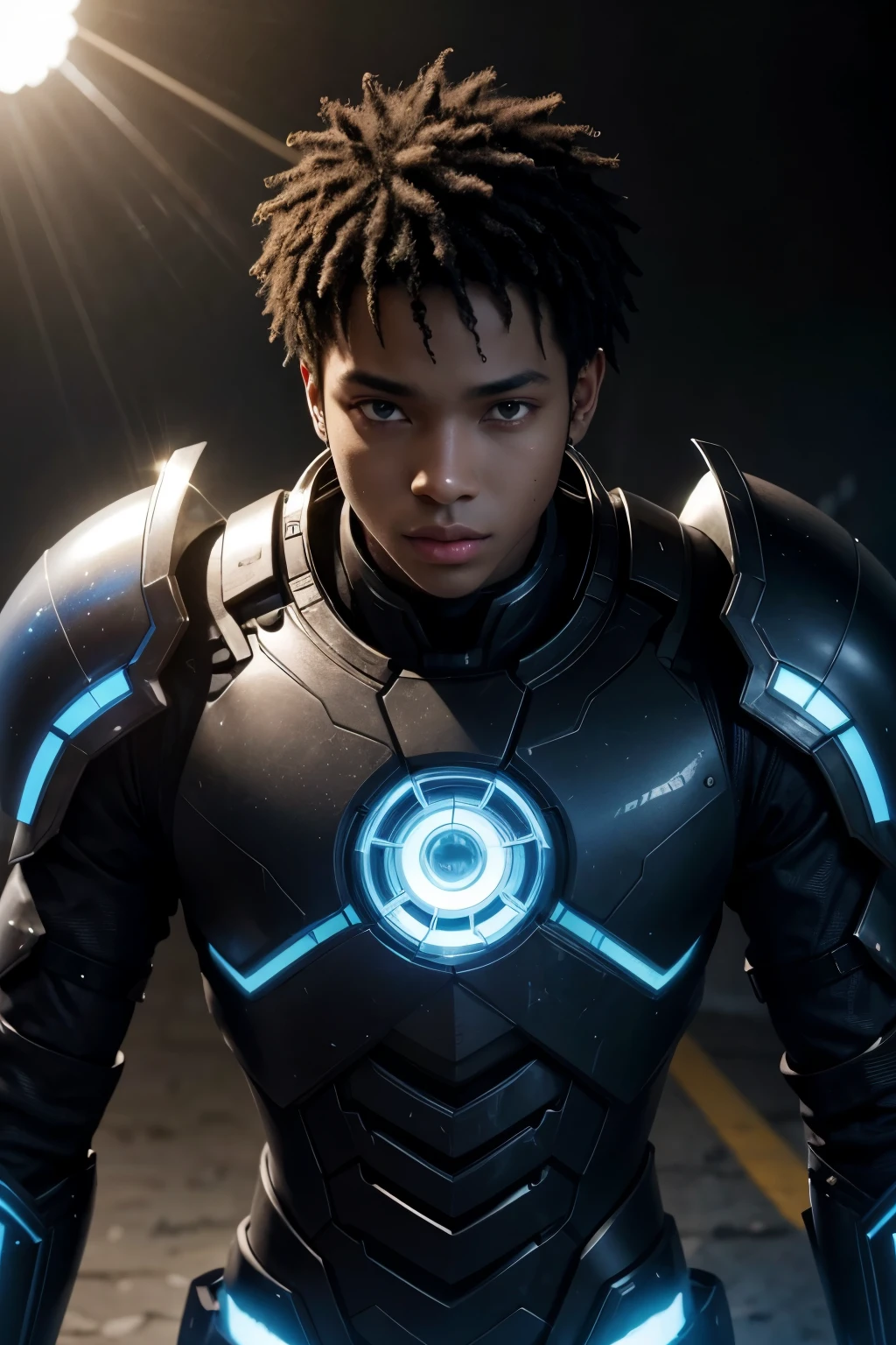 A young black anime man wearing futuristic black and blue armor that releases yellow rays around him