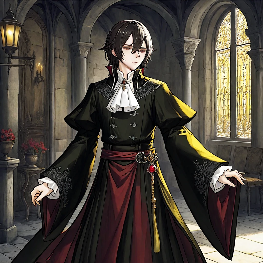 A noble earl,Gorgeous clothes,Cane,Medieval European fantasy style。Black and White、yellowish、Dark red main color。
