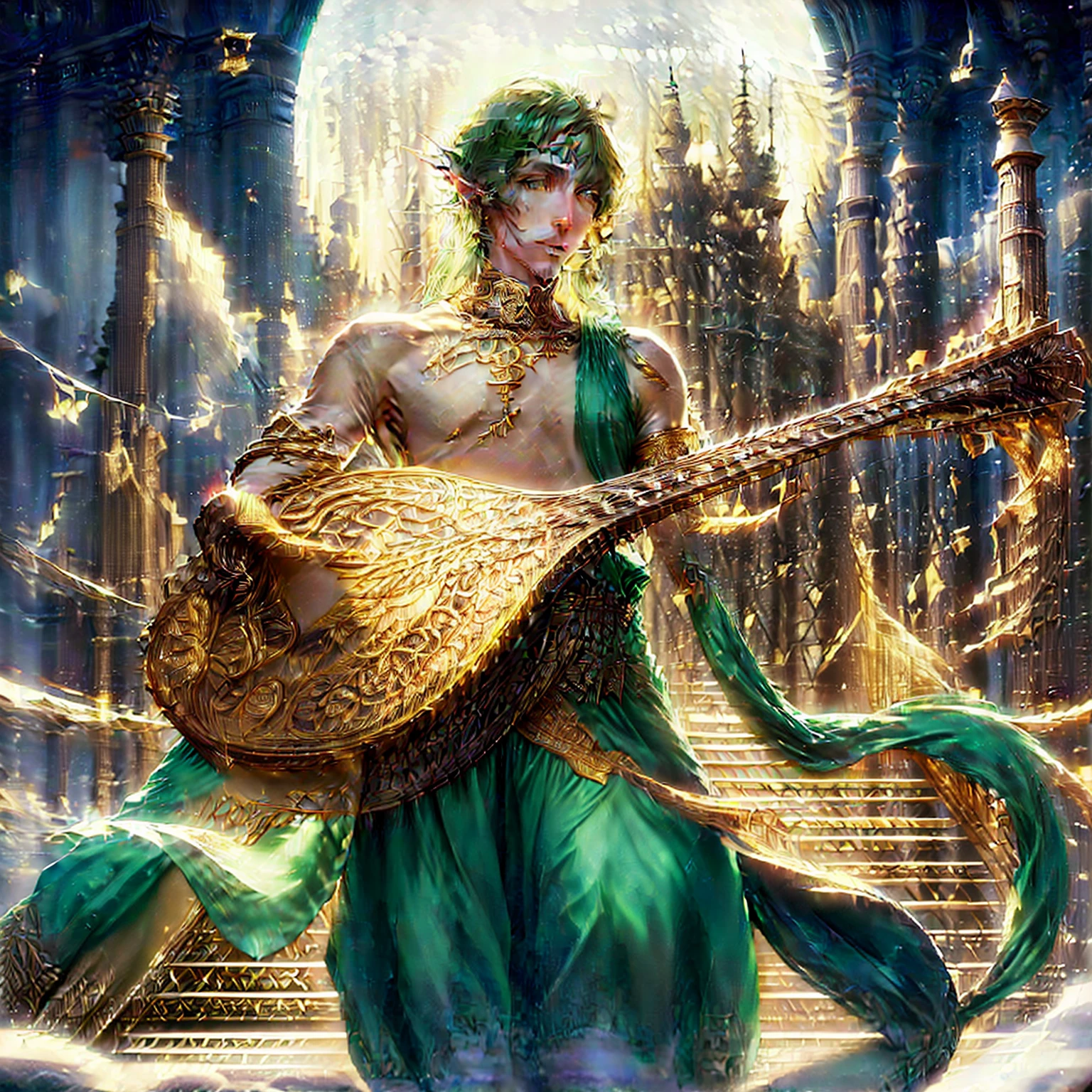 Close-up of a person holding a guitar near a building, The handsome prince of Persia, world of lute, Very detailed RTM pathogen., god of music, Forest Elf Bard Plays the Harp, human poet, ! Dream about germs, is playing a lute, god of the moon, In the form of Argerm, germ artgerm stanley