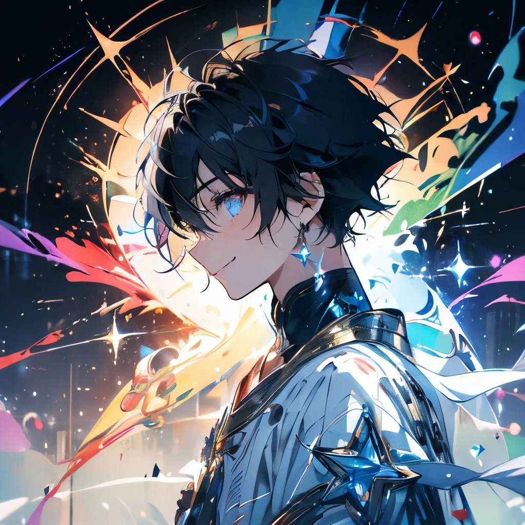 masterpiece、(((boy)))、Black Hair、Short Hair、Sparkling eyes、smile、Shining Background、Starry Ski、Rainbow colors、Starry Sky、((milky way))、Upper Body、profile