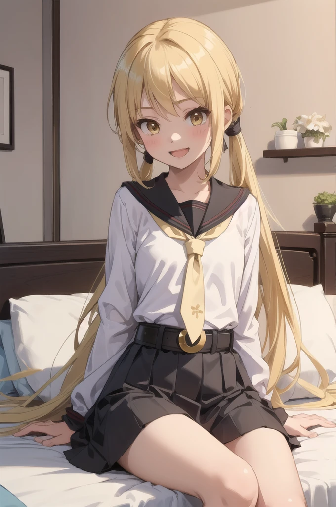 (masterpiece), (Highest quality), (Super detailed), ((Very delicate and beautiful)), One girl, 独奏, Satsuki, Blonde, Cowboy Shot, Black Sailor Suit, White neckerchief, Crescent Pin, (very long hair), smile, Flat Chest, belt, Black Skirt, Open your mouth, Sitting, on bed,  indoors, Detailed iris, young, 