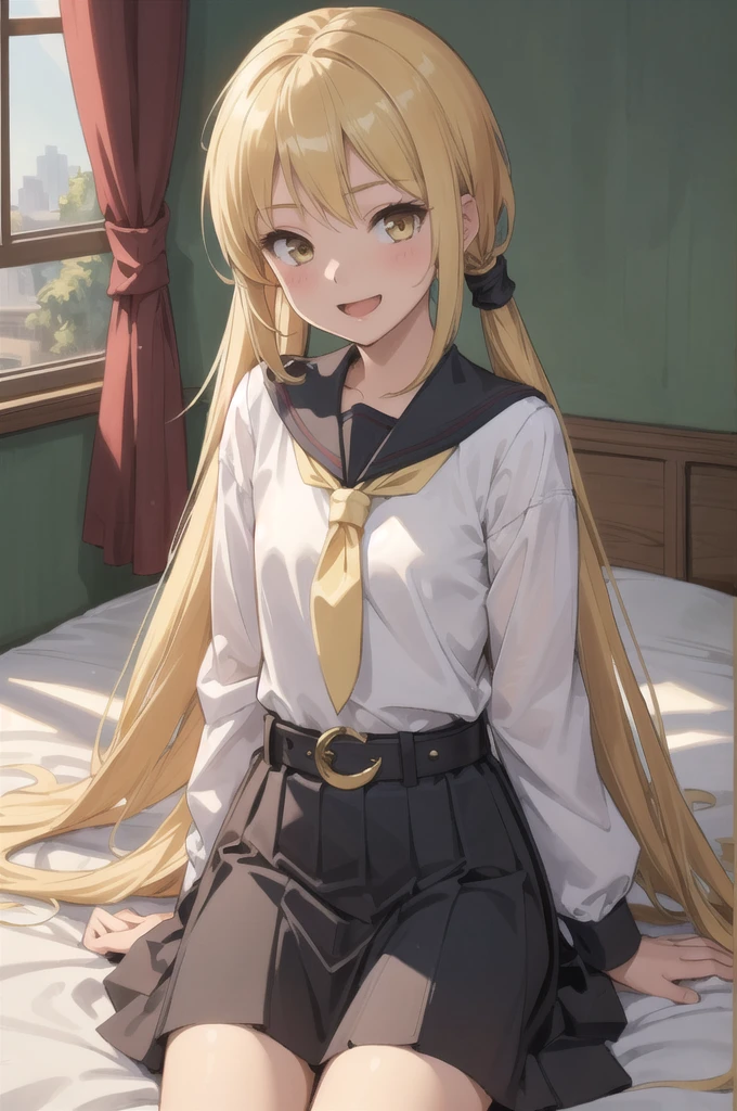 (masterpiece), (Highest quality), (Super detailed), ((Very delicate and beautiful)), One girl, 独奏, Satsuki, Blonde, Cowboy Shot, Black Sailor Suit, White neckerchief, Crescent Pin, (very long hair), smile, Flat Chest, belt, Black Skirt, Open your mouth, Sitting, on bed,  indoors, Detailed iris, young, 