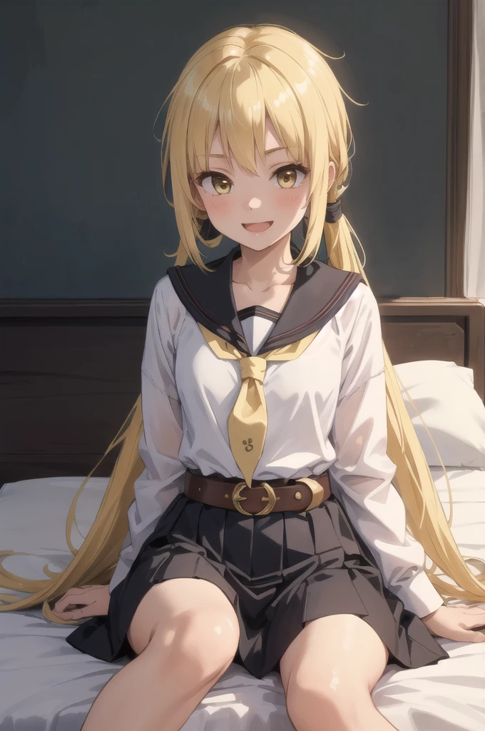 (masterpiece), (Highest quality), (Super detailed), ((Very delicate and beautiful)), One girl, 独奏, Satsuki, Blonde, Cowboy Shot, Black Sailor Suit, White neckerchief, Crescent Pin, (very long hair), smile, Flat Chest, belt, Black Skirt, Open your mouth, Sitting, on bed,  indoors, Detailed iris, young, 