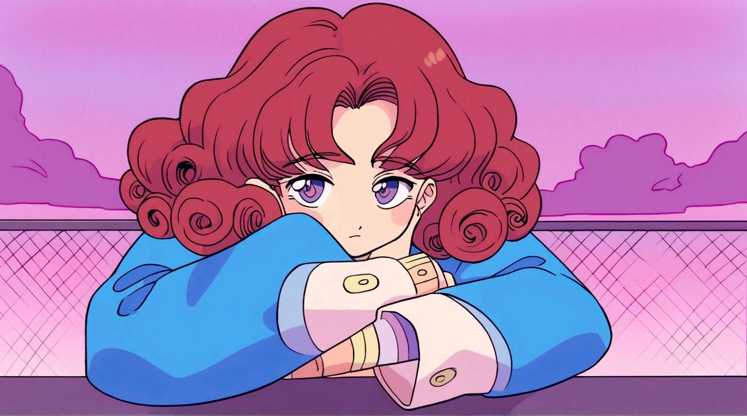 anime boy leaning against table with hand on face, ((curly hair)), ((Red-Haired)), Open sky 90s anime aesthetic, vaporwave cartoon, lo-fi illustration style, praise feel, in the art style of 80s anime, praise, 90s anime art style, praise artstyle, dreamy psychedelic anime, praise aesthetic, they be, they be colors