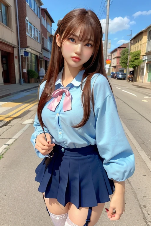 (8K, Highest quality, masterpiece:1.2), (Realistic, photo-Realistic:1.37), Super detailed, One girl, alone, cute, Beautifully detailed skies, (smile:1.2), (Grin), Beautiful attention to detail, Floating Hair,(seifuku:1), stockings, whole body,street,thin