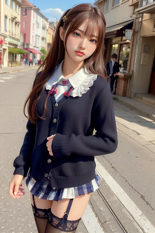 (8K, Highest quality, masterpiece:1.2), (Realistic, photo-Realistic:1.37), Super detailed, One girl, alone, cute, Beautifully detailed skies, (smile:1.2), (Grin), Beautiful attention to detail, Floating Hair,(seifuku:1), stockings, whole body,street,thin