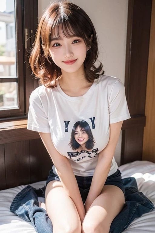 beautiful thigh, wearing nothing but t shirt, no pants, slender, cute face, smile, beautiful details eyes, 17yo japanese, pretty, Voluminous curls with warm black color, big breast