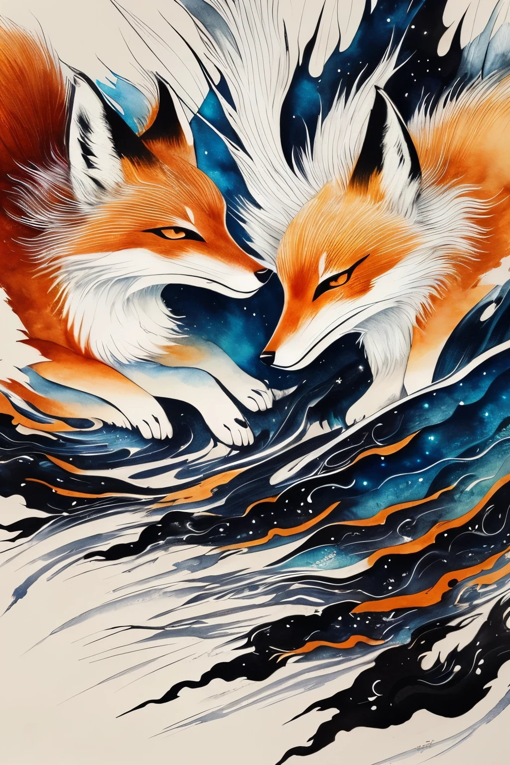 best quality, super fine, 16k, 2.5D, delicate and dynamic depiction, monochrome, fusion of watercolors and oil paintings, majestic fox spirit, intimidation, calligraphy, ink, shading, gradation, Japanese paper quality