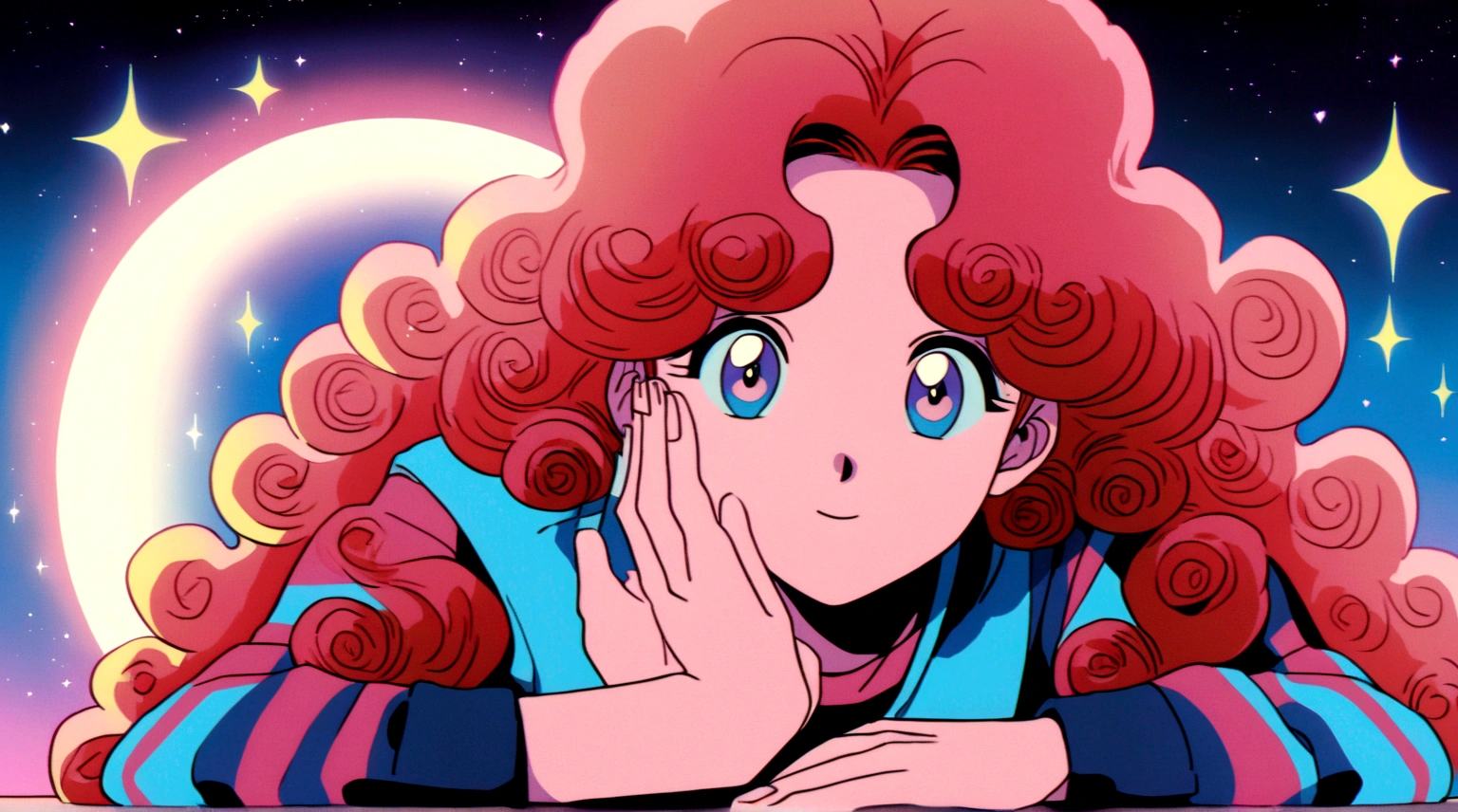 anime boy leaning against table with hand on face, ((curly hair)), ((Red-Haired)), Open sky 90s anime aesthetic, vaporwave cartoon, lo-fi illustration style, praise feel, in the art style of 80s anime, praise, 90s anime art style, praise artstyle, dreamy psychedelic anime, praise aesthetic, they be, they be colors