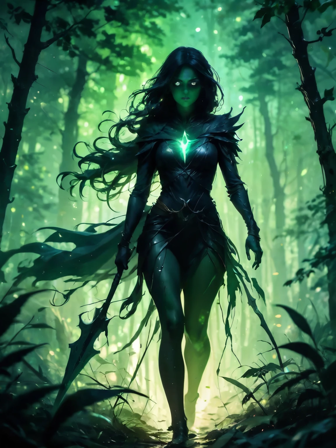 super closeup portrait. Silhouettes of dark ghostly woman. Perfect hands, capture the essence of nature's mystical beings, armed with elf spear. She stands ready to fight intruders. Glowing eyes. Glowing spear. Forest color palette. Nudity. Realistic. DEVIL SPAWN