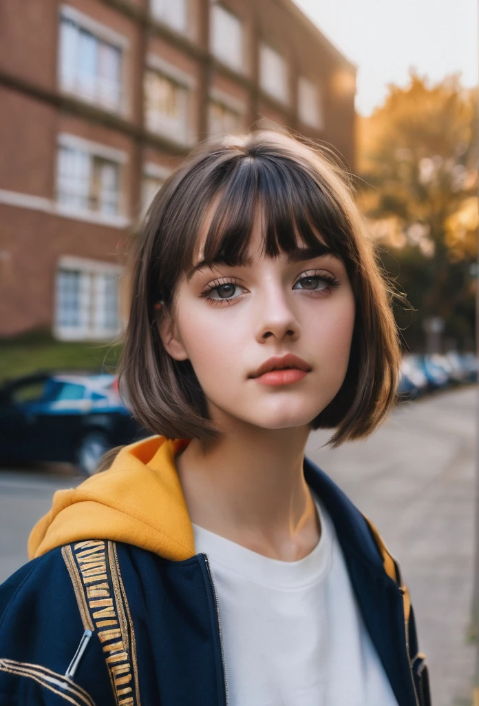 Beautiful -yeld gi named Sofia, beautiful golden eyes, detailed eyes, MID-HEIGHT bob  haircut, mermeland lips, sexy, detailed face, university jacket, in the background a school, car, parking 