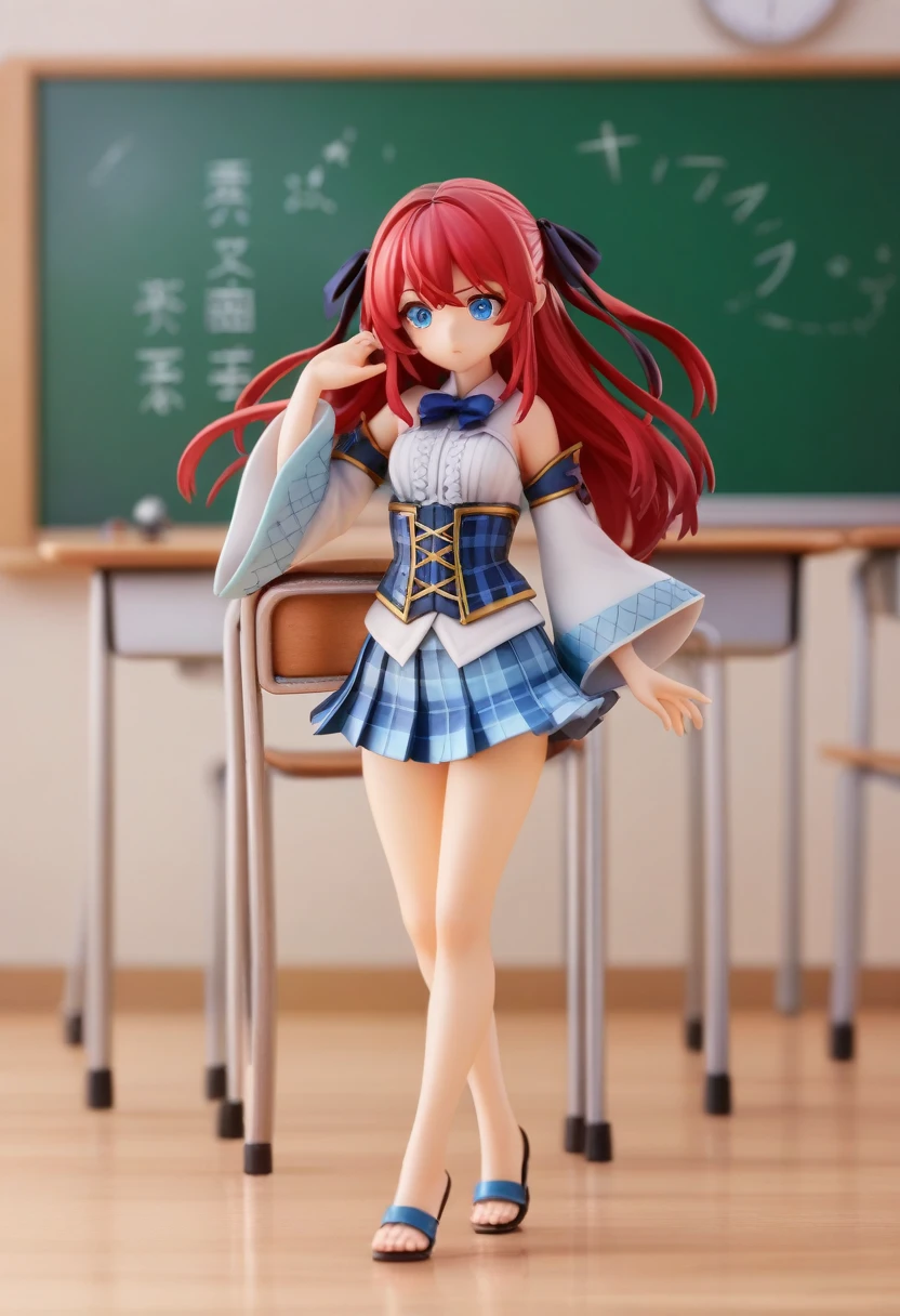 ((Highest quality)), ((masterpiece)), (be familiar with), 3d, Perfect Face, Big eyes, Drooping eyes, eyelash, The sparkling light of the eyes, long red hair, blue eyes white sleeveless blouse, detached sleeves, wide sleeves, heel sandals, (light blue plaid corset pleated mini skirt), hair ribbon, classroom