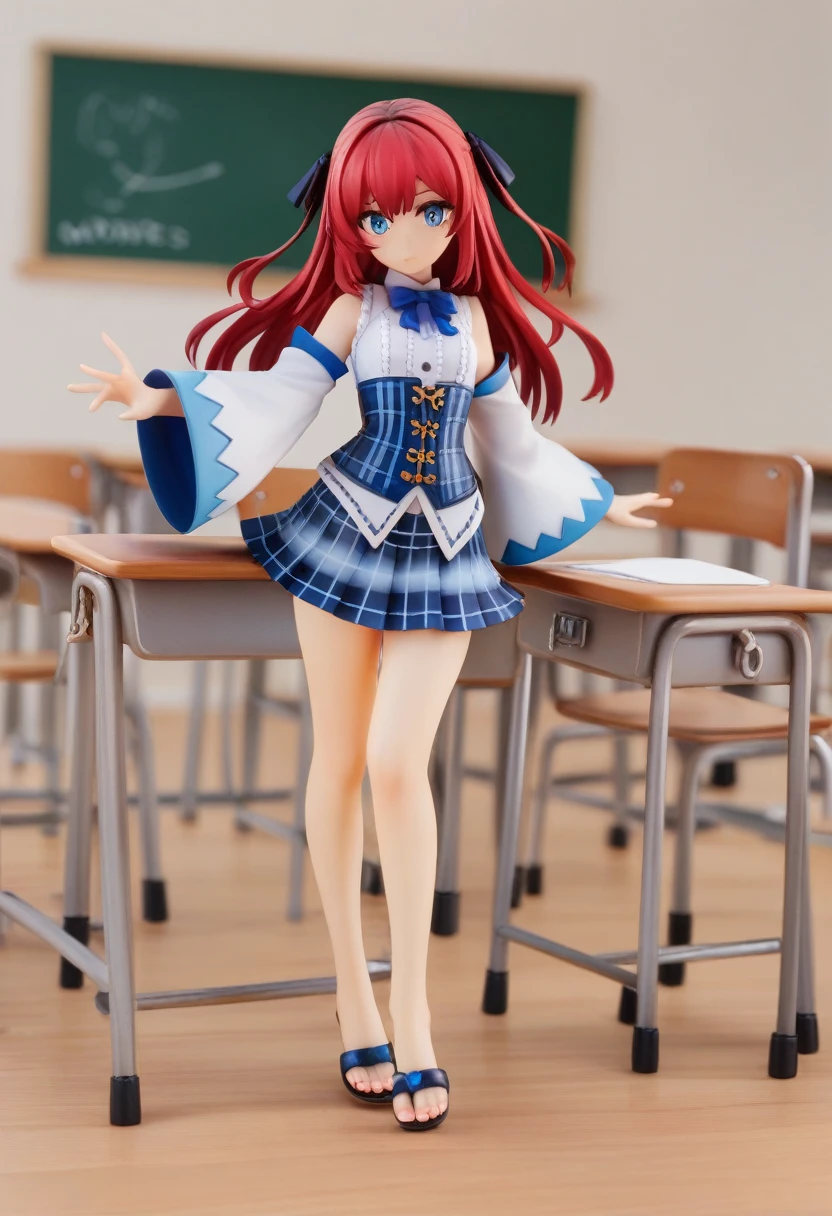 ((Highest quality)), ((masterpiece)), (be familiar with), 3d, Perfect Face, Big eyes, Drooping eyes, eyelash, The sparkling light of the eyes, long red hair, blue eyes white sleeveless blouse, detached sleeves, wide sleeves, heel sandals, (light blue plaid corset pleated mini skirt), hair ribbon, classroom