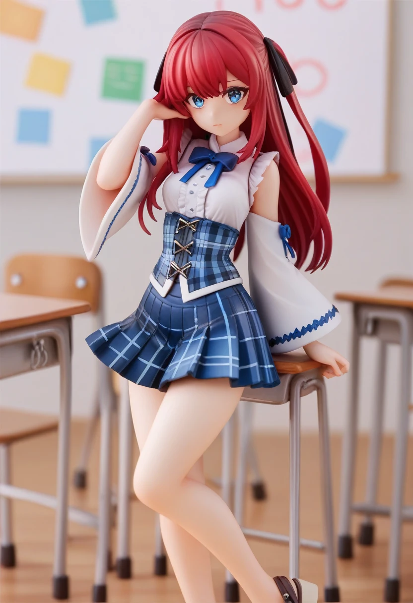 ((Highest quality)), ((masterpiece)), (be familiar with), 3d, Perfect Face, Big eyes, Drooping eyes, eyelash, The sparkling light of the eyes, long red hair, blue eyes white sleeveless blouse, detached sleeves, wide sleeves, heel sandals, (light blue plaid corset pleated mini skirt), hair ribbon, classroom