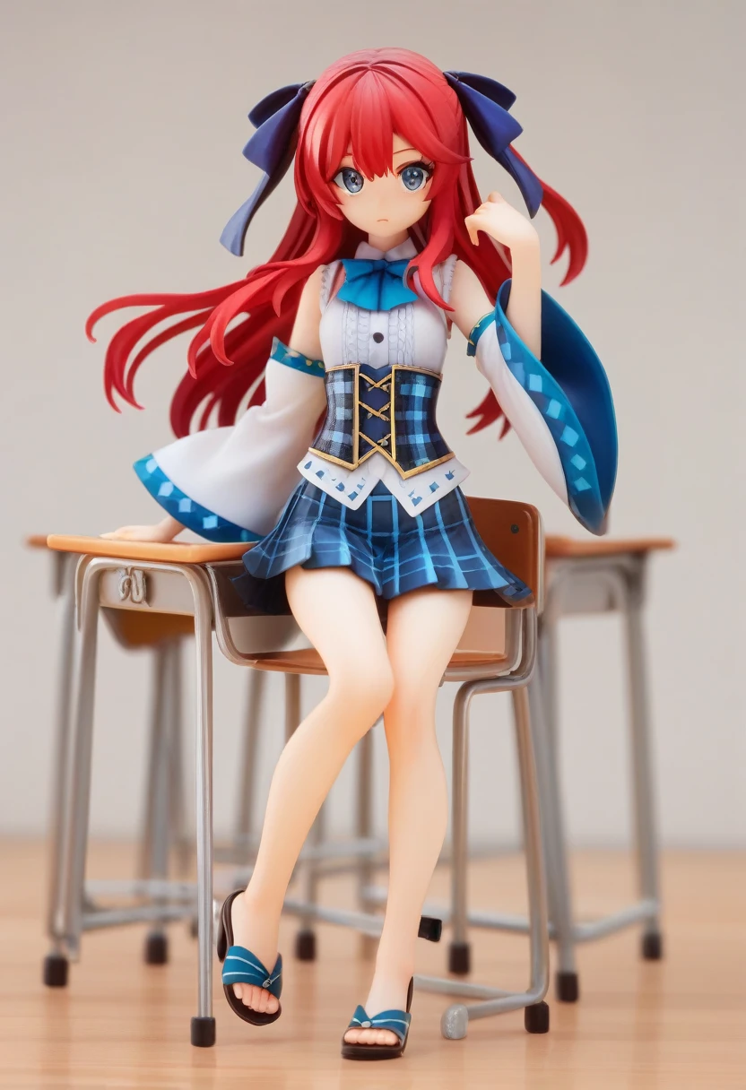 ((Highest quality)), ((masterpiece)), (be familiar with), 3d, Perfect Face, Big eyes, Drooping eyes, eyelash, The sparkling light of the eyes, long red hair, blue eyes white sleeveless blouse, detached sleeves, wide sleeves, heel sandals, (light blue plaid corset pleated mini skirt), hair ribbon, classroom