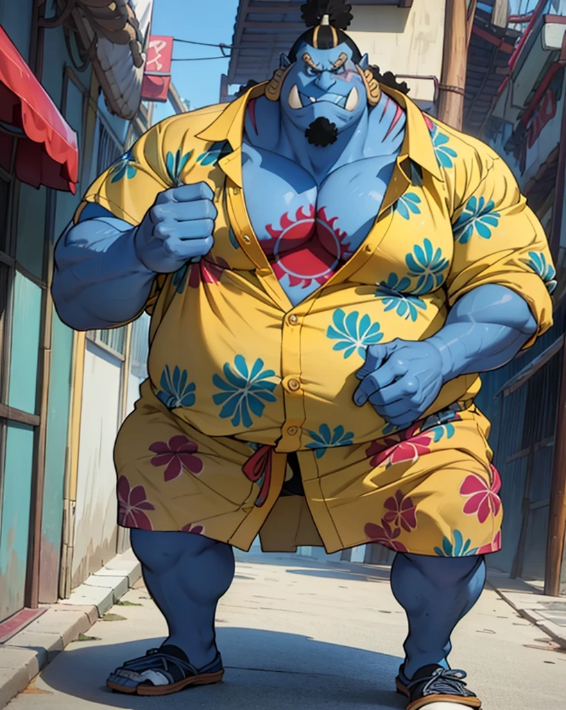 chubby man (jinbei) in street, (blue skin, blue skinned), muscular, pectoral, wide pectoral, beach, palm, realistic, 8k, masterpiece, (wearing shorts and yellow Hawaiian shirt (open shirt), shoes)