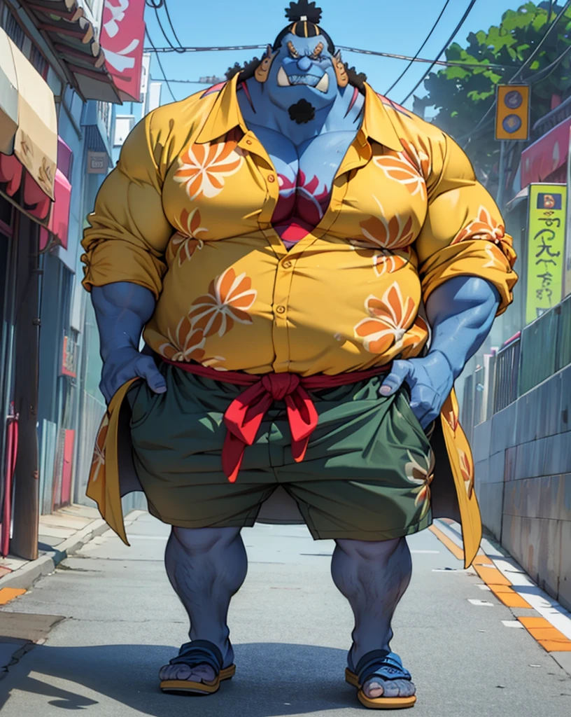 chubby man (jinbei) in street, (blue skin, blue skinned), muscular, pectoral, wide pectoral, beach, palm, realistic, 8k, masterpiece, (wearing shorts and yellow Hawaiian shirt (open shirt), shoes)